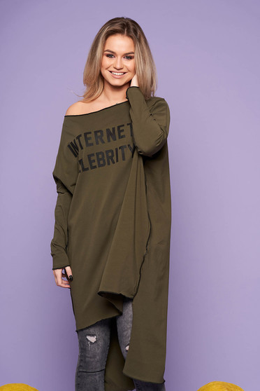 Khaki dress casual flared asymmetrical cotton one shoulder long sleeved