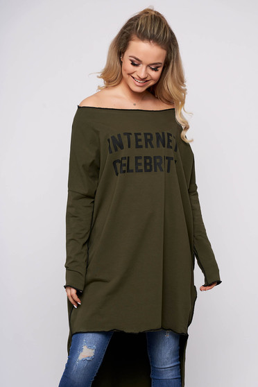 Khaki dress casual flared asymmetrical cotton one shoulder long sleeved