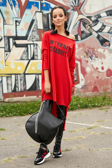 Red dress casual flared asymmetrical cotton one shoulder long sleeved