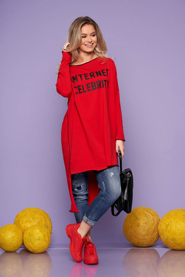 Red dress casual flared asymmetrical cotton one shoulder long sleeved