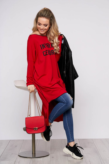 Red dress casual flared asymmetrical cotton one shoulder long sleeved