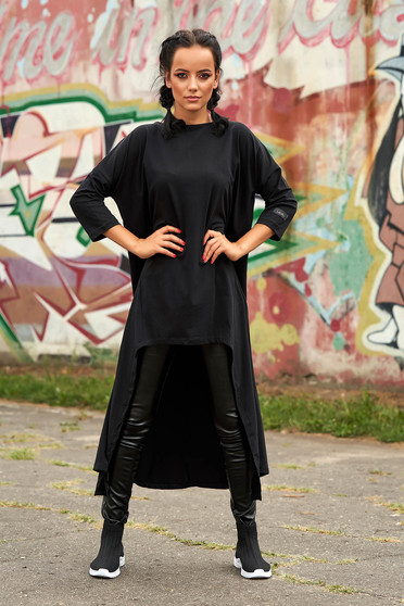 Black dress casual long cotton flared long sleeved neckline