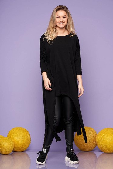 Black dress casual long cotton flared long sleeved neckline