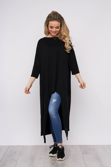 Black dress casual long cotton flared long sleeved neckline