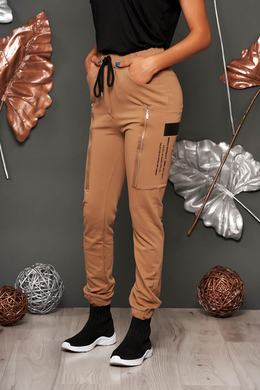 Cappuccino trousers casual long cotton high waisted with elastic waist lateral pockets