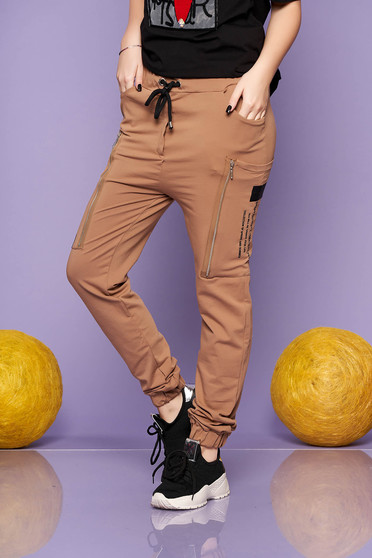 Cappuccino trousers casual long cotton high waisted with elastic waist lateral pockets