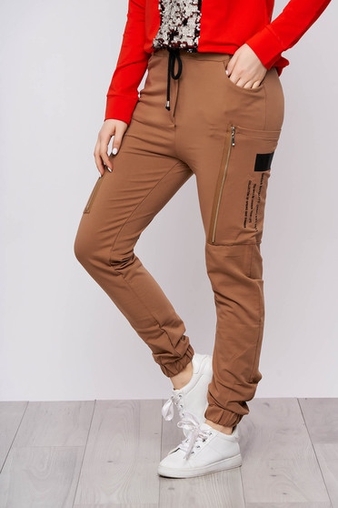 Cappuccino trousers casual long cotton high waisted with elastic waist lateral pockets