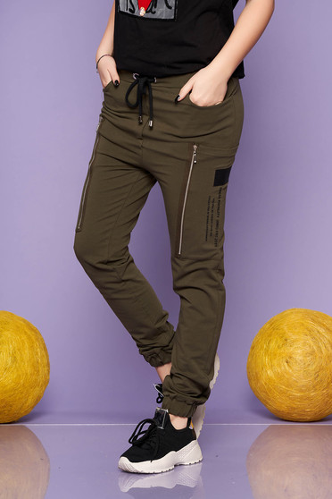 Khaki trousers casual long cotton high waisted with elastic waist lateral pockets