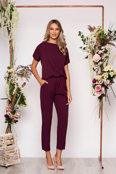 Purple jumpsuit elegant occasional with elastic waist short sleeves long