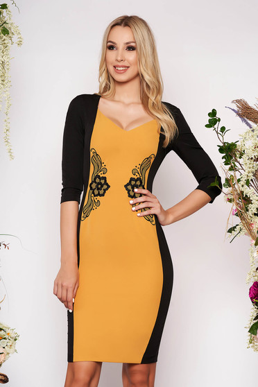 StarShinerS mustard dress elegant midi pencil cloth with 3/4 sleeves without clothing with deep cleavage back slit