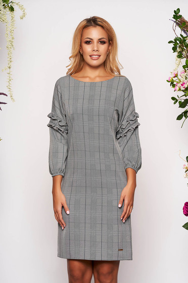 Dress darkblue short cut elegant straight cloth with chequers with ruffled sleeves