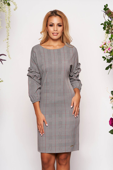 Dress grey short cut elegant straight cloth with chequers with ruffled sleeves