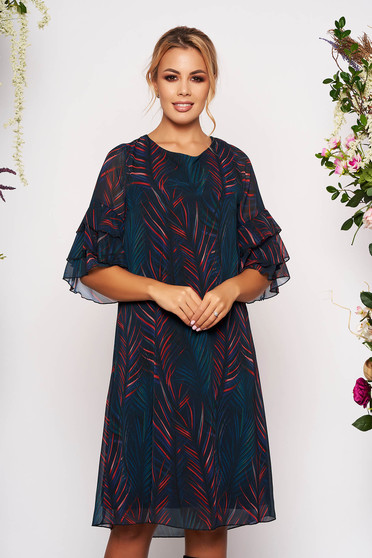Black dress daily short cut a-line bell sleeves with graphic details neckline