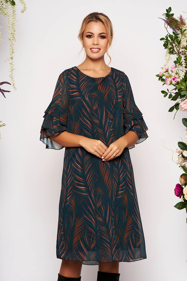 Darkgreen dress daily short cut a-line bell sleeves with graphic details neckline