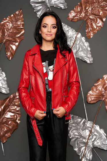 Red jacket casual short cut faux leather with zipper details pockets zipped sleeves