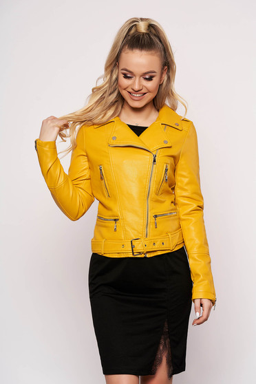 Mustard jacket casual short cut faux leather with zipper details pockets zipped sleeves