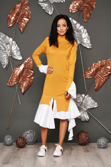 Mustard dress casual with turtle neck bell sleeves long sleeve poplin, thin cotton asymmetrical