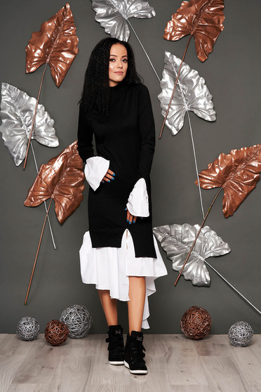 Black dress casual with turtle neck bell sleeves long sleeve poplin, thin cotton asymmetrical