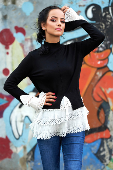 Black sweater casual with turtle neck asymmetrical long sleeve poplin, thin cotton