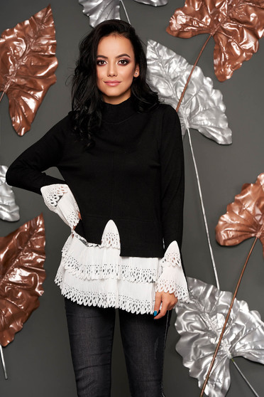 Black sweater casual with turtle neck asymmetrical long sleeve poplin, thin cotton