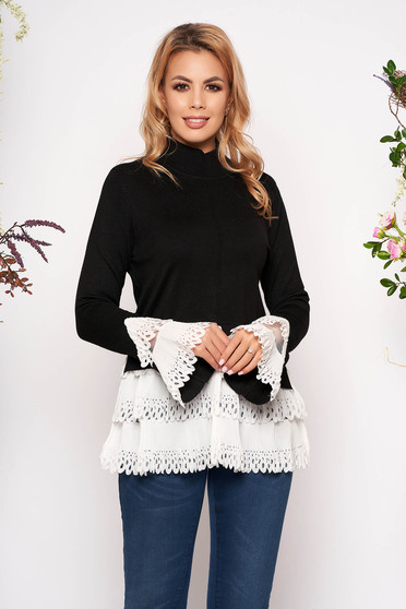 Black sweater casual with turtle neck asymmetrical long sleeve poplin, thin cotton