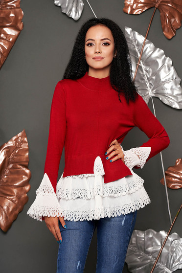 Red sweater casual with turtle neck asymmetrical long sleeve poplin, thin cotton