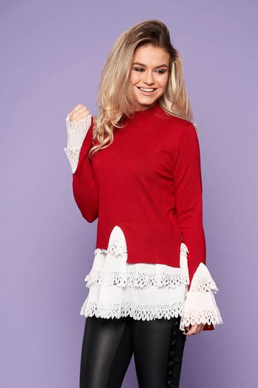 Red sweater casual with turtle neck asymmetrical long sleeve poplin, thin cotton