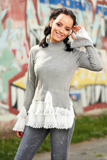 Grey sweater casual with turtle neck asymmetrical long sleeve poplin, thin cotton