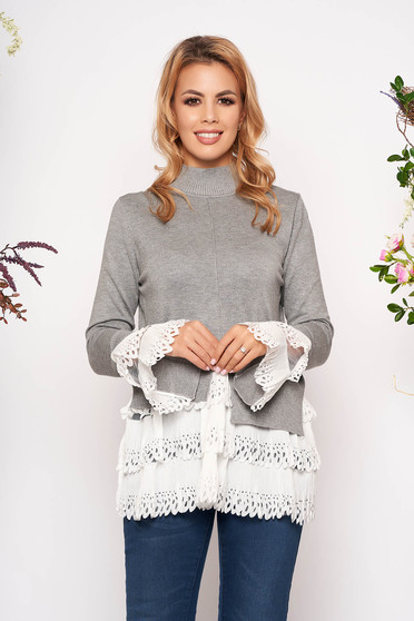 Grey sweater casual with turtle neck asymmetrical long sleeve poplin, thin cotton