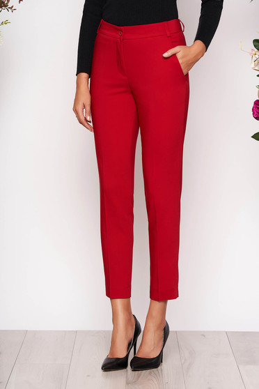 Red trousers elegant conical long medium waist cloth with pockets