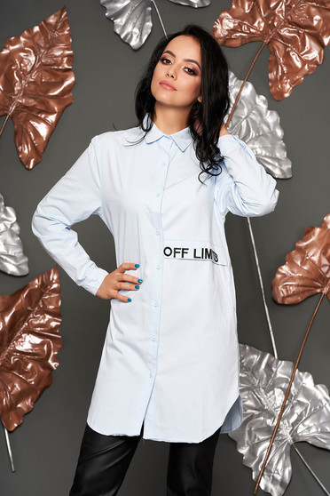 Lightblue women`s shirt casual flared embroidered asymmetrical long sleeved