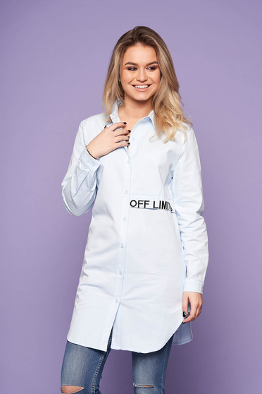 Lightblue women`s shirt casual flared embroidered asymmetrical long sleeved