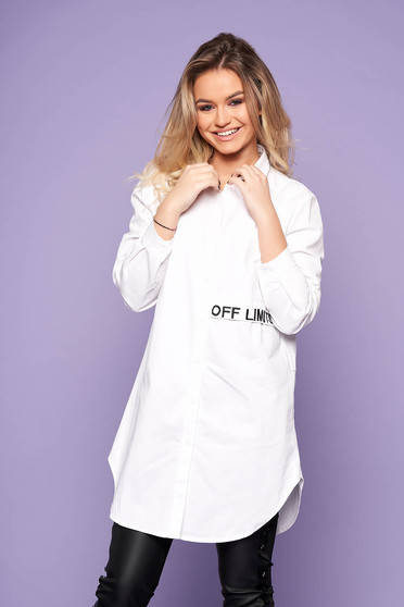 White women`s shirt casual flared embroidered asymmetrical long sleeved