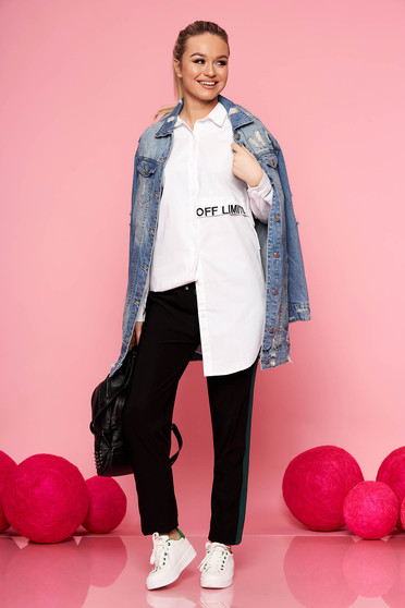 White women`s shirt casual flared embroidered asymmetrical long sleeved