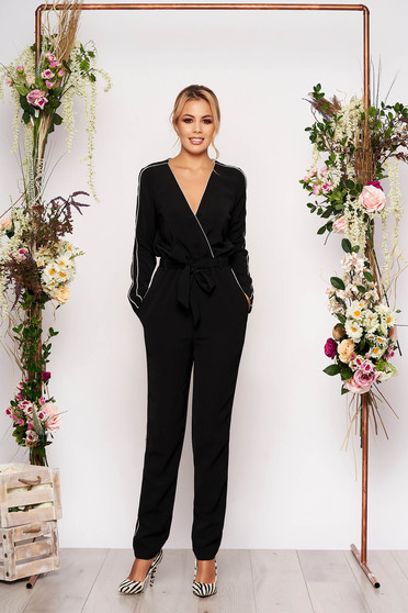 Black jumpsuit elegant long cotton with pockets detachable cord with elastic waist
