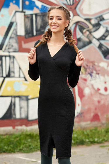 Black dress casual midi pencil knitted fabric from striped fabric with v-neckline
