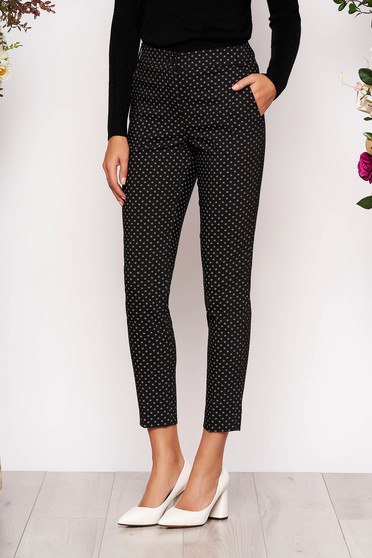 Black trousers elegant conical medium waist cloth thin fabric with front pockets with graphic details