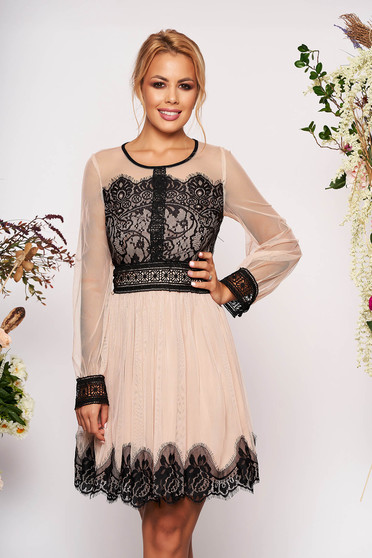 Cream dress occasional short cut cloche laced long sleeved transparent sleeves