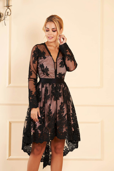 Black dress occasional short cut asymmetrical laced with inside lining long sleeve