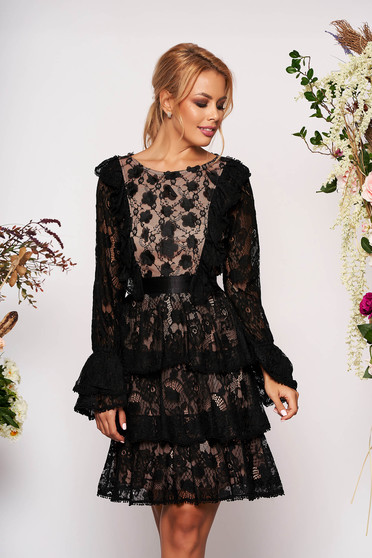 Cream dress short cut occasional laced with bell sleeve long sleeved neckline