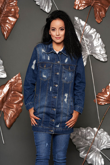Blue jacket casual midi denim with easy cut small rupture of material