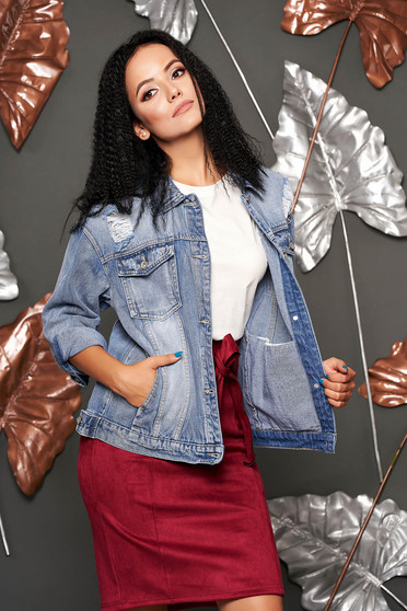 Blue jacket casual short cut with pockets with easy cut metal eyelets fastening