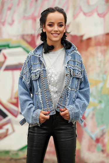 Blue jacket short cut casual denim aims with easy cut with front pockets