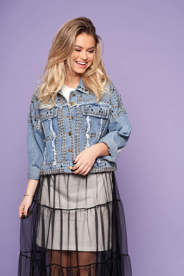 Blue jacket short cut casual denim aims with easy cut with front pockets