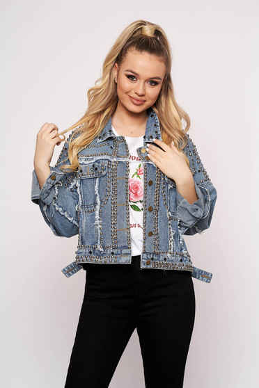 Blue jacket short cut casual denim aims with easy cut with front pockets