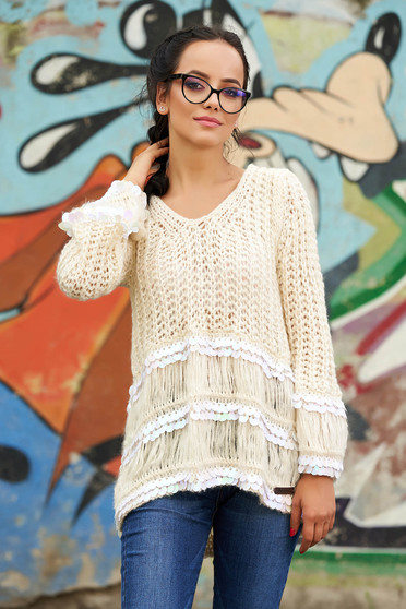 Cream sweater casual flared short cut with sequin embellished details with v-neckline knitted fabric