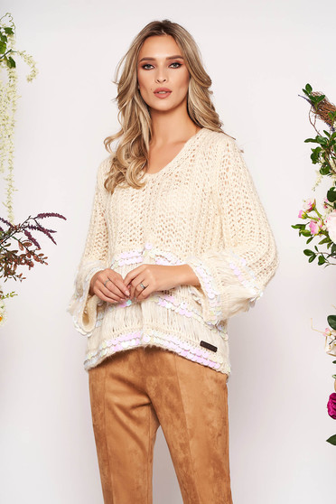 Cream sweater casual flared short cut with sequin embellished details with v-neckline knitted fabric