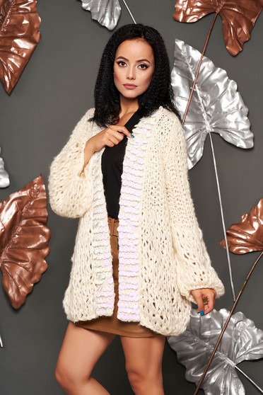 Cream cardigan casual long with sequin embellished details with easy cut knitted fabric