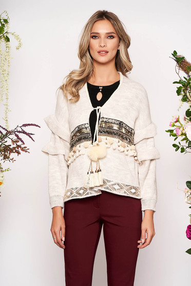 Cream cardigan casual knitted fabric with sequin embellished details with easy cut ribbon fastening