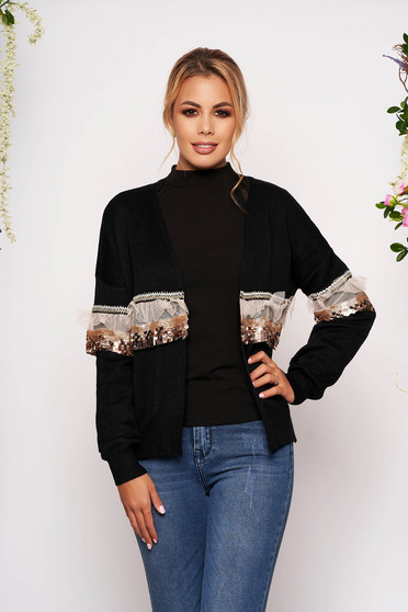 Black cardigan casual knitted with easy cut with sequin embellished details long sleeved